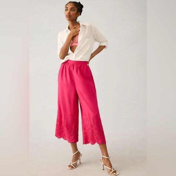 By Anthropologie Wide-Leg Eyelet Crop Pants NWT - Picture 1 of 11
